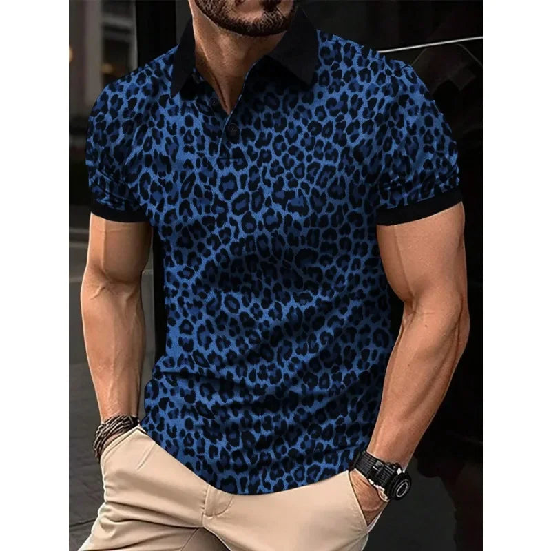 1pc New Men's Fashion T-shirt Leopard Print Short Sleeve Breathable Lapel Men Clothing
