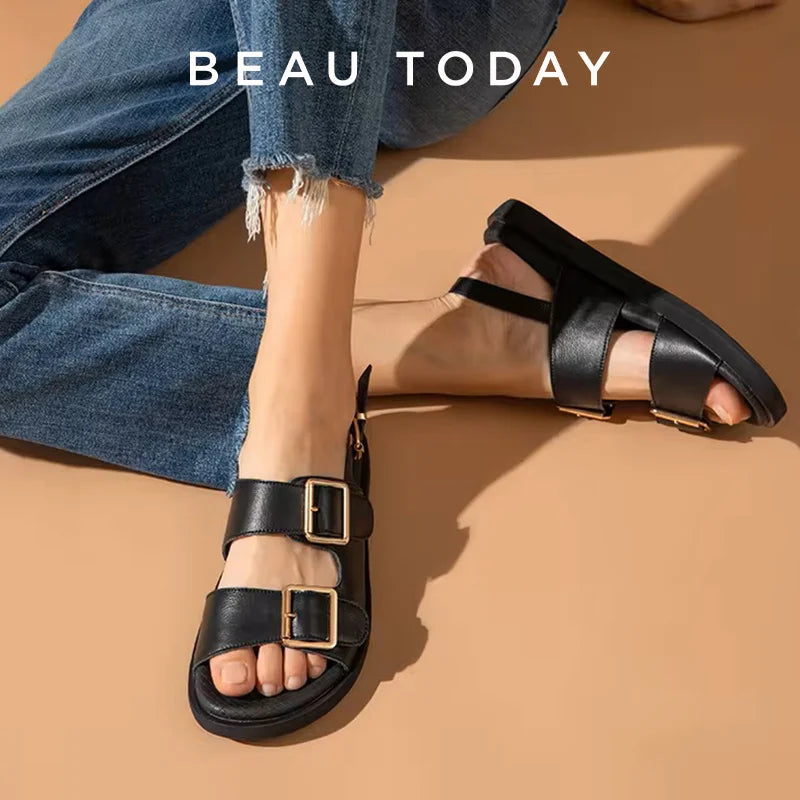BeauToday Casual Sandals Women Genuine Leather Metal Ankle Buckle Strap Summer Beach Ladies Low Heel Sport Shoes