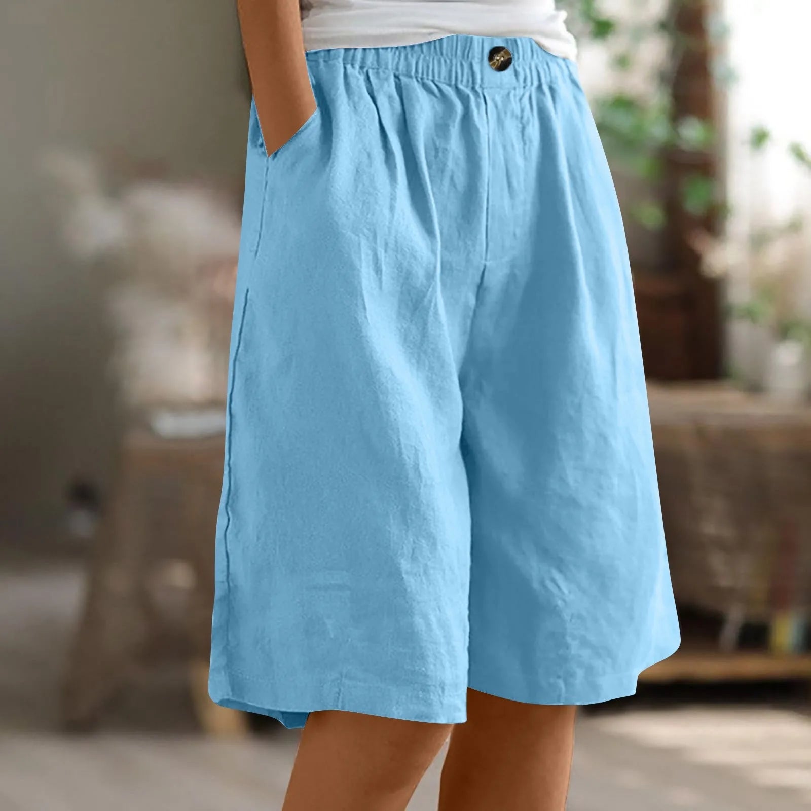 Cotton Linen Shorts Women Summer New Solid Vintage Elastic Waist Wide Leg Pants Casual Loose Five Point Shorts Women Clothing