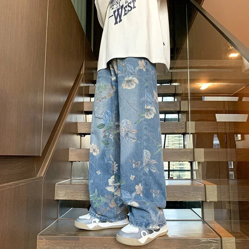 Autumn Floral Printed Jeans For Men New Y2K Vintage Denim Pants Hip Hop Fashion Wide-leg Baggy Jean Streetwear Trousers