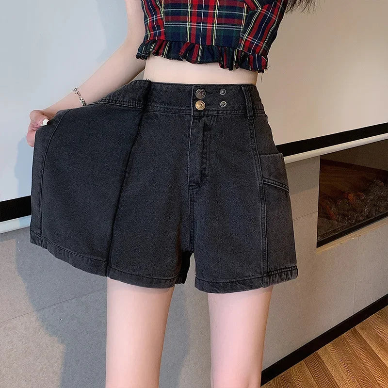 American Style Vintage High-waisted Slimming Denim Shorts For Women Trendy Summer New A- line Pants Casual Fashion