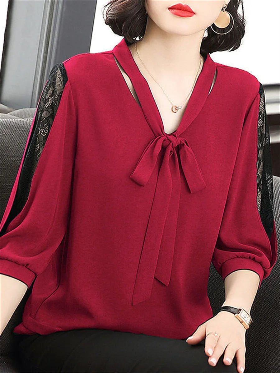 Women's Spring Summer Style Blouses Tops Lady Casual Bow Tie Collar Half Lace Sleeve Loose Blusas Tops