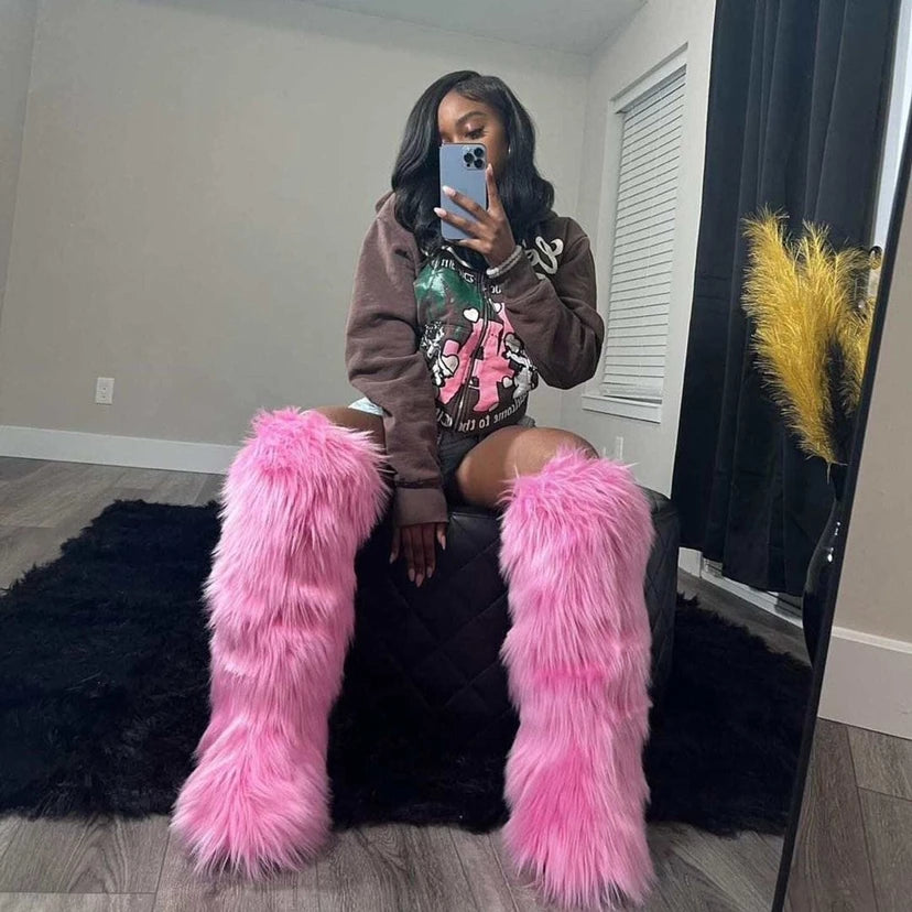 Women Winter Thigh High Fluffy Boots Ladies Furry Faux Fox Fur Long Warm Shoes girls New Designer Plush Knee High Fur Boots
