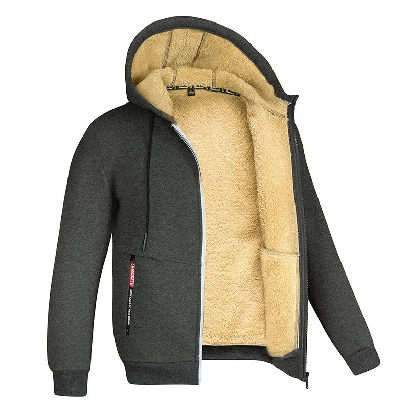 Trendy Sweatshirt Coat Front Pockets Warm Zipper Lamb Wool Jacket Men and Woman Winter Pure Color Plush Lined Cardigan Hoodie