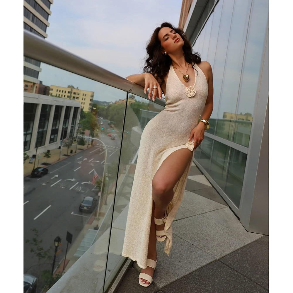 Beach Cover Up Knitted Tunic Bikini Cover-ups Sexy See-Through Halter Maxi Dress Women Slit Summer Dress Beachwear