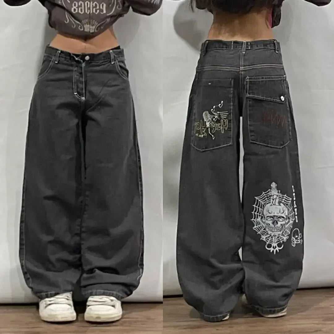 Y2K trendy retro classic pocket skull pattern straight denim trousers summer American Gothic washed wide-leg denim loose pants