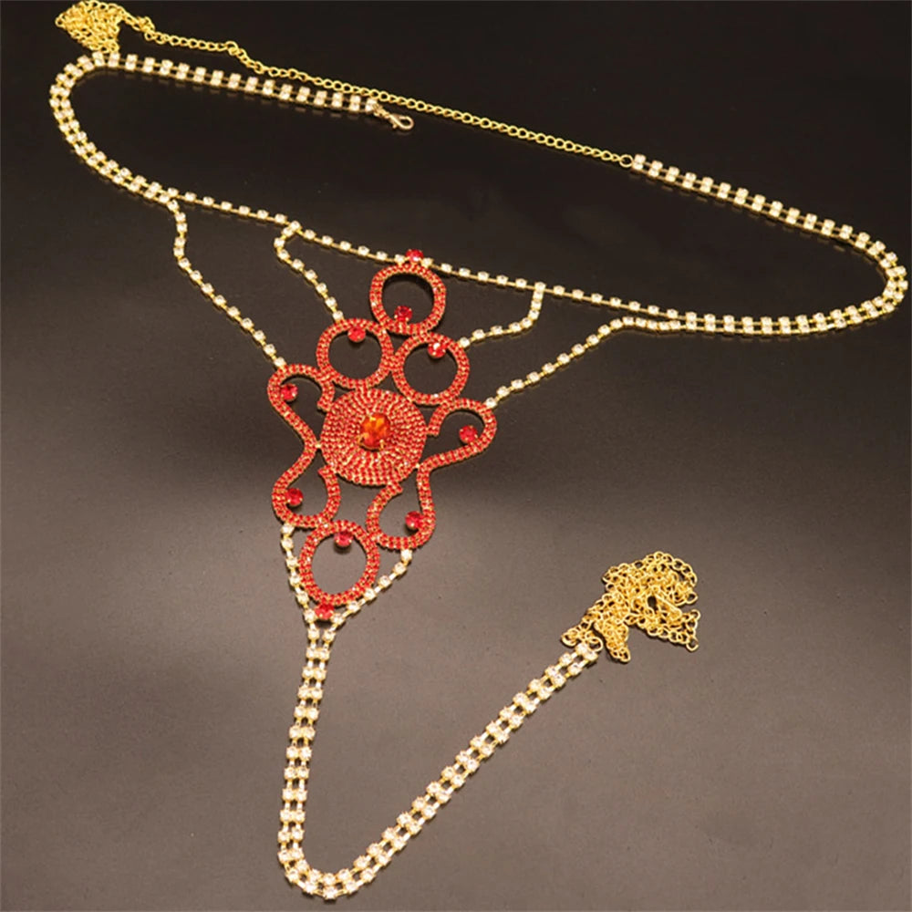 2pc Sexy Red Lingerie Set Exotic Lady Bra Thong Waist Chain Chest Underwear Set Women Lingerie Decorations Party Jewelry