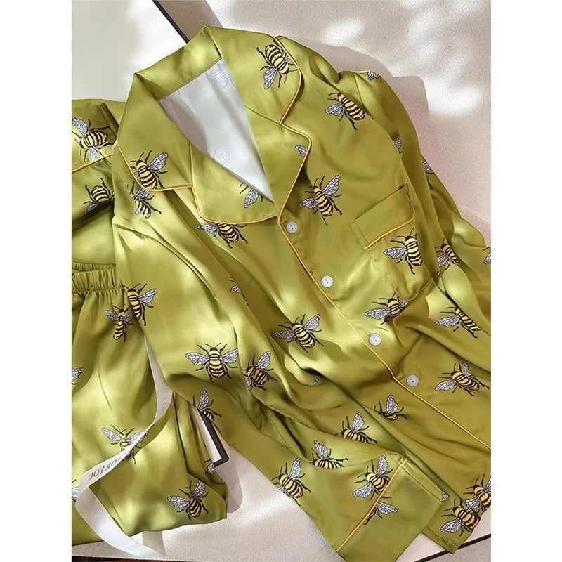 Women's Pajama Set Spring Autumn 2 Piece Pyjama Bee Print Pocket Faux Silk Satin Sleepwear Long Sleeve Pijama Mujer Pjs Homewear