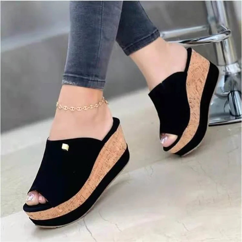 Slippers Summer Clogs Wedges Retro Fish Mouth Large Size Sandals Women High Heel Platform Solid Color Plus Size Shoes Sandalias