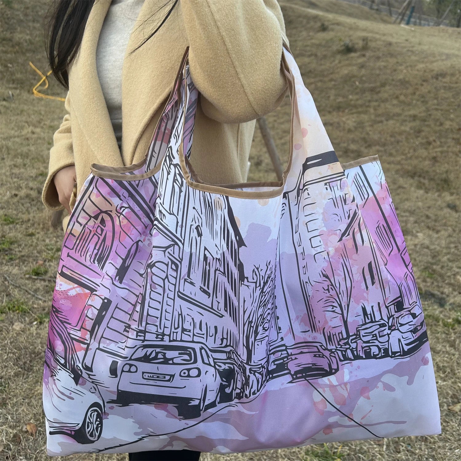 New Fashion Bag Large Foldable Shopping Bag Reusable Grocery Storage Bag Nylon Portable Shoulder Handbag for Travel Pocket Tote