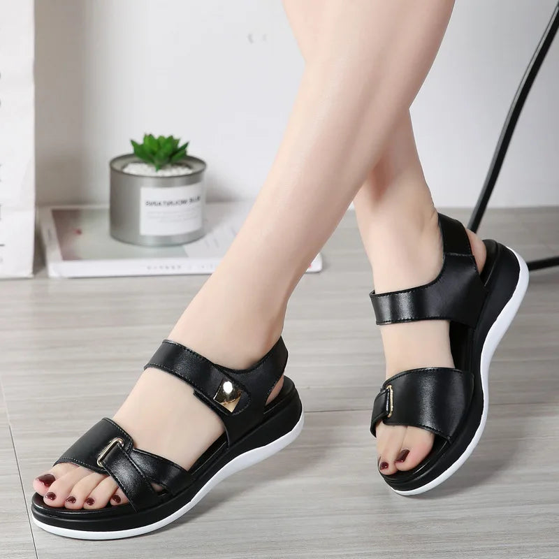 Women Female Ladies Mother Genuine Leather Shoes Sandals Flats Soft Hook Loop Korean Bling Summer Beach Size 35-40