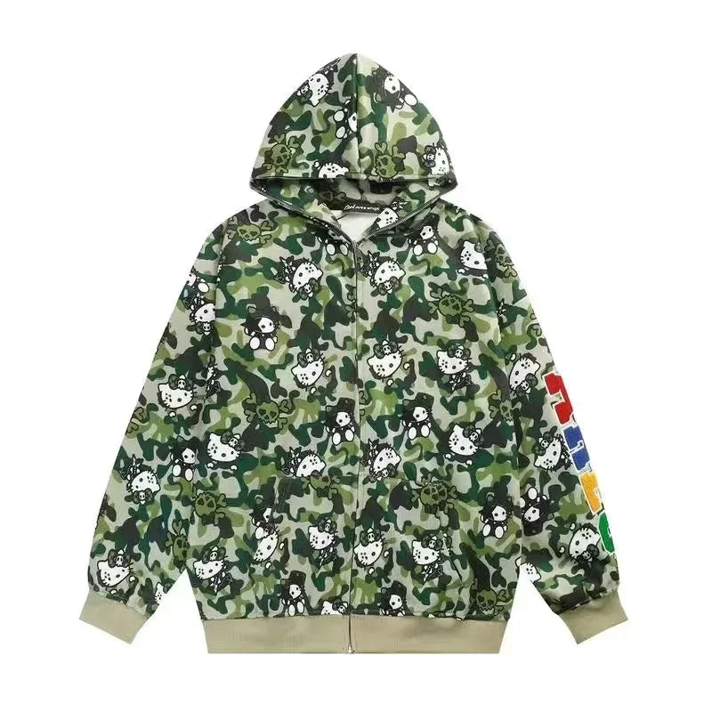 Streetwear Women Original Sanrio Hello Kitty Zip Hoodie Girl Loose Campus Couple Cardigan Coat Y2k Clothes Oversized Sweatshirt