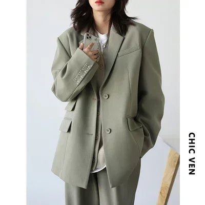Women Office Lady Blazer Cuff Embroidery Wide Shoulder Twill Suit Women's Autumn Ladies Outerwear  Stylish Tops