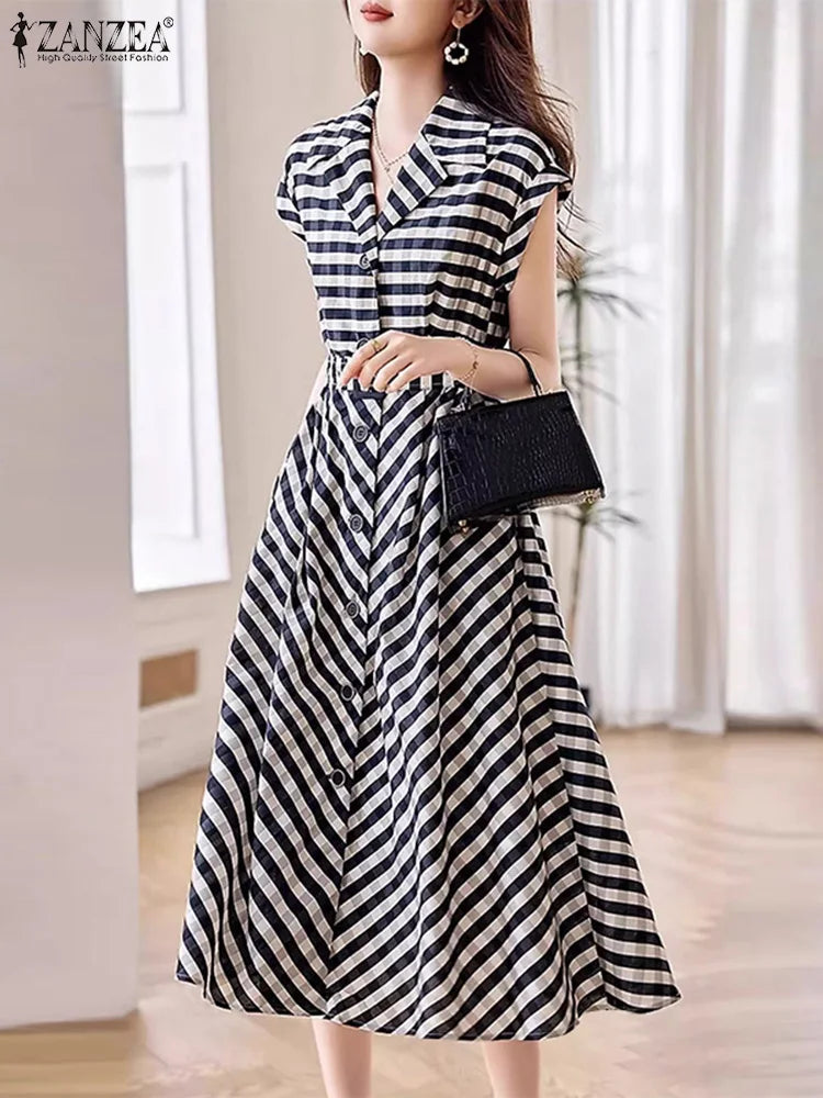 Fashion Office Stripes Shirt Dress Women Korean Work A-line Midi Dress Summer Elegant Lapel Collect Waist Vestidos