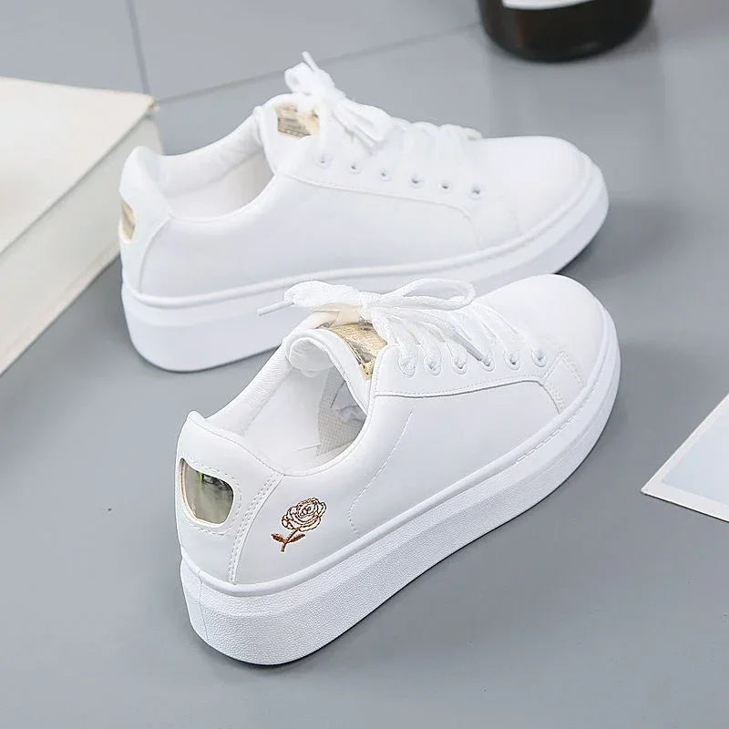 Women Leather Pu Casual Shoes New Woman Shoes Fashion Embroidered White Sneakers Breathable Flower Lace-Up Women Sneakers