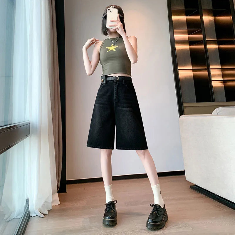 Women Black Y2k Style Baggy Denim Shorts Wide Leg Capri Pants Fashion High Waisted Dark Wash Jeans Female Casual Retro 2000s