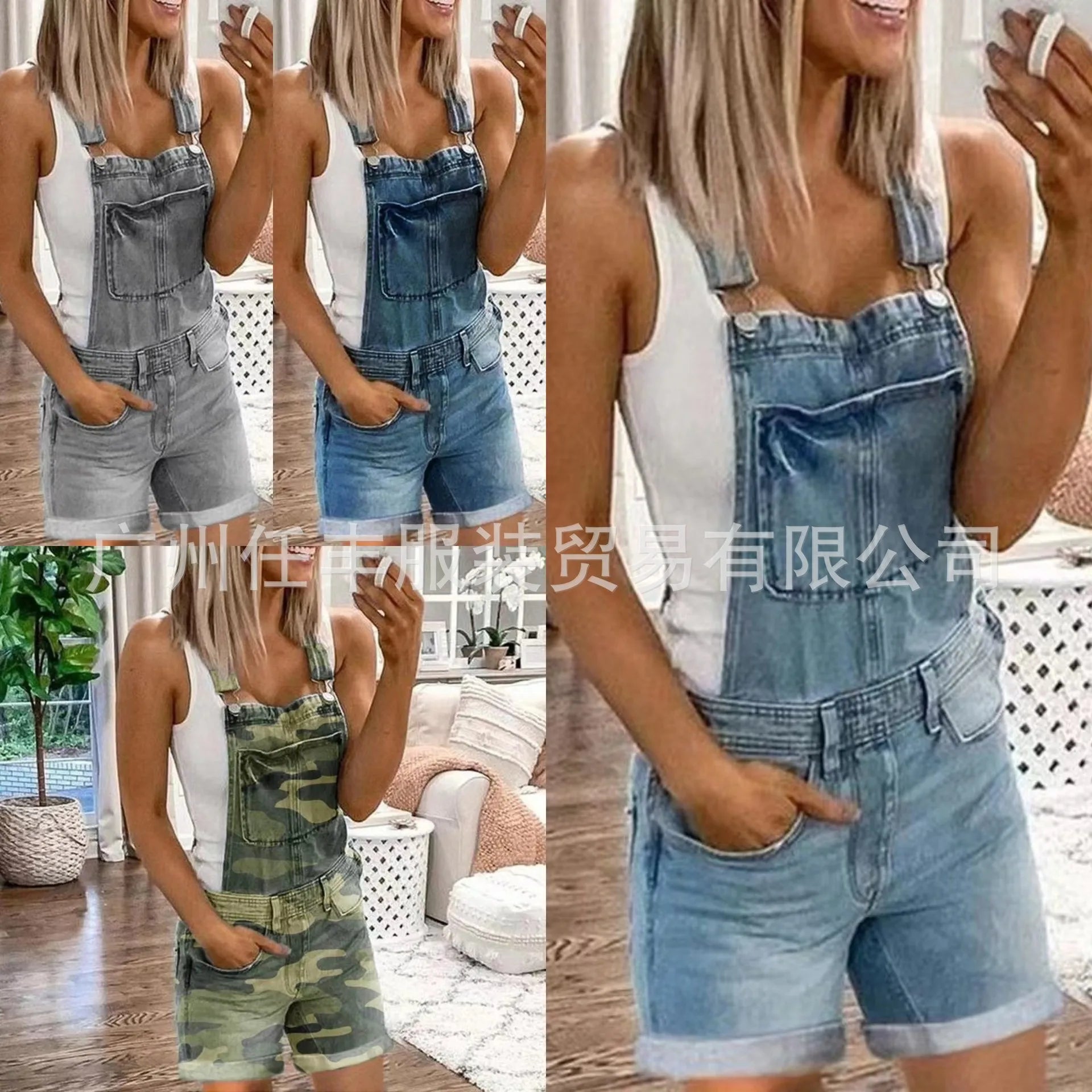Women Rompers Jeans Jumpsuits One Piece Overalls Washing Denim Shorts Button Loose Casual Pockets Knee Length Summer