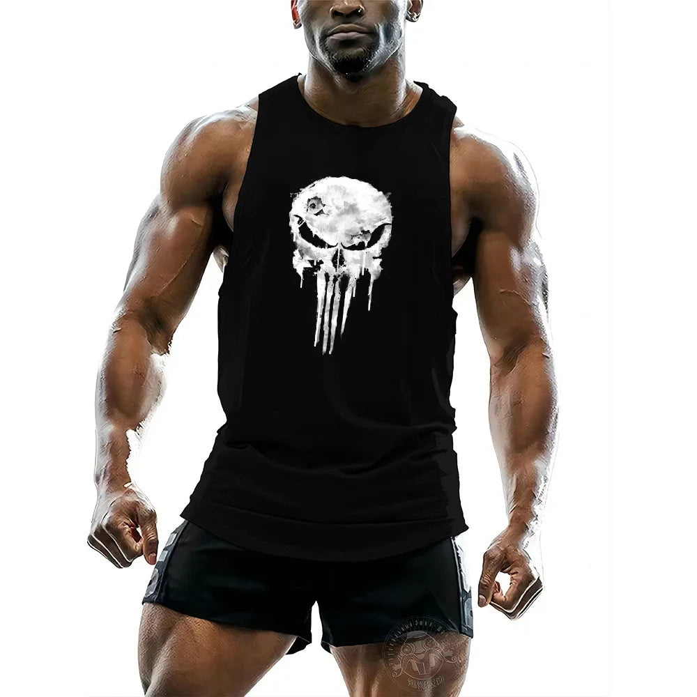 y2k Gym Fashion Sports Running Shirt Vest Men's Fitness Outdoor Running New Skull print White muscle fit vest tops