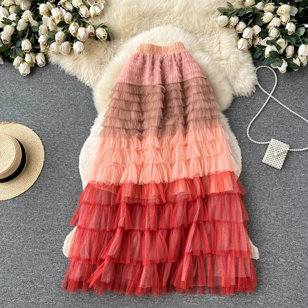 2024 New Summer Gradient Colorful Rainbow Stripe Mesh Tulle Skirts Women Long Maxi Skirt Fashion Elegant Elastic Waist