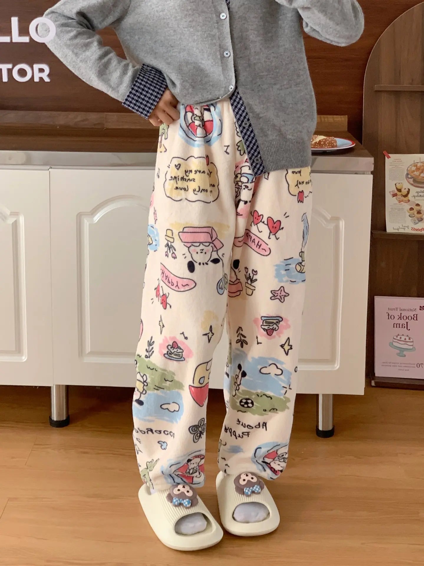 Sanrio Hello Kitty Pajamas Flannel Fashion Trousers Kawaii Women Casual Home Pants Cartoon Warm Comfortable Pants