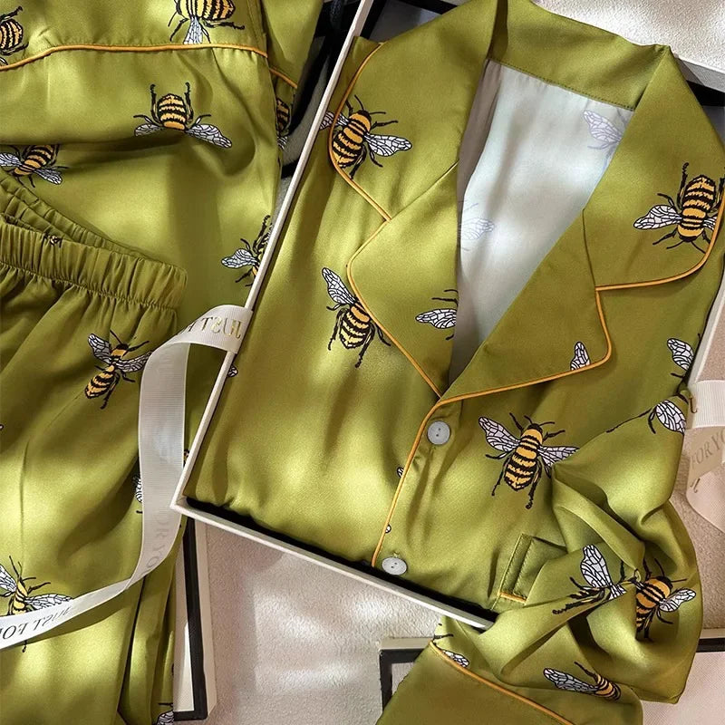 Women's Pajama Set Spring Autumn 2 Piece Pyjama Bee Print Pocket Faux Silk Satin Sleepwear Long Sleeve Pijama Mujer Pjs Homewear