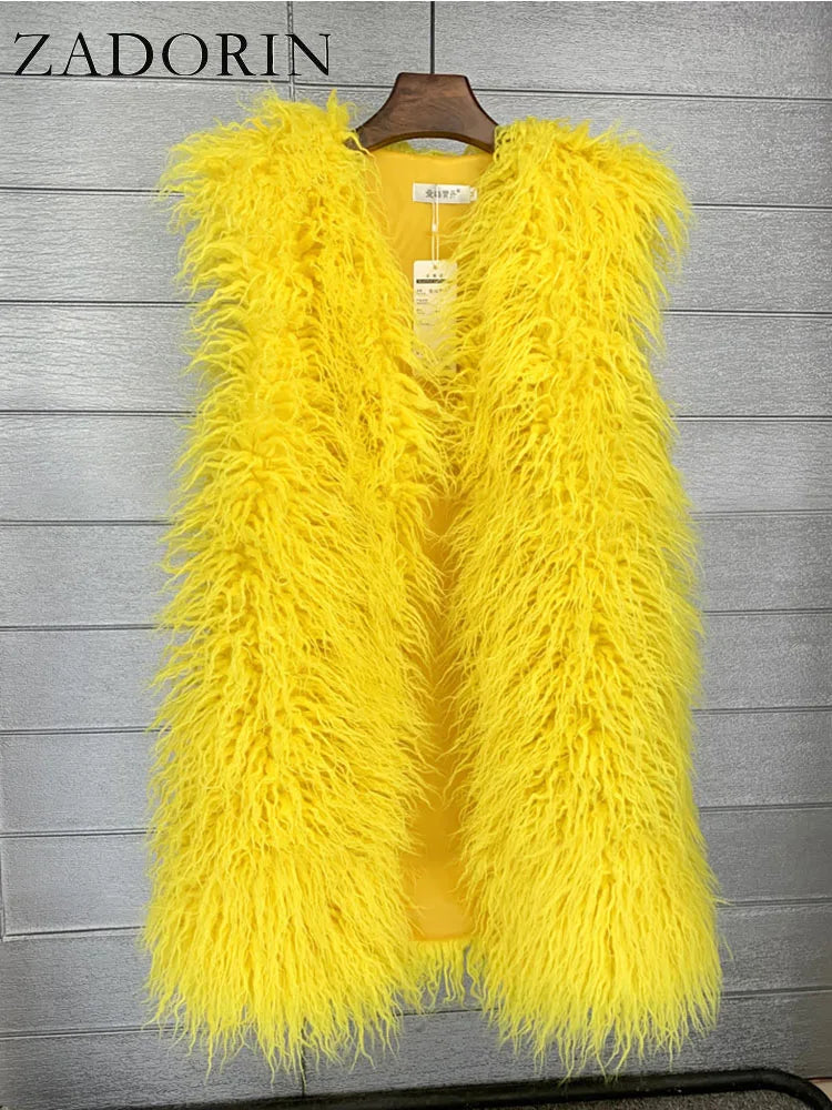 ZADORIN Fashion Winter 75cm Long Fluffy Faux Fur Vest Women Colorful Faux Mongolia Sheep Fur Gilet Fake Fur Jackets Women Coats