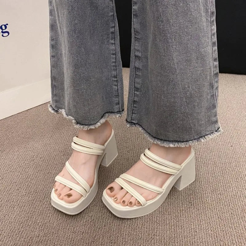 Women Sandals Ladies Square Heels Elegant Summer Slippers Outside Cross Tied Leather Female Slides Fashion Woman Sandals