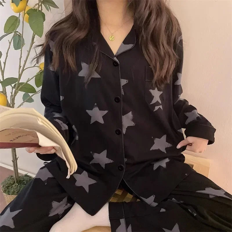 Women's Star Print Pajamas Set Long Sleeve Top And Long Pants Sleepwear 2 Piece Set For Women Autumn Casual Home Loose Pajamas