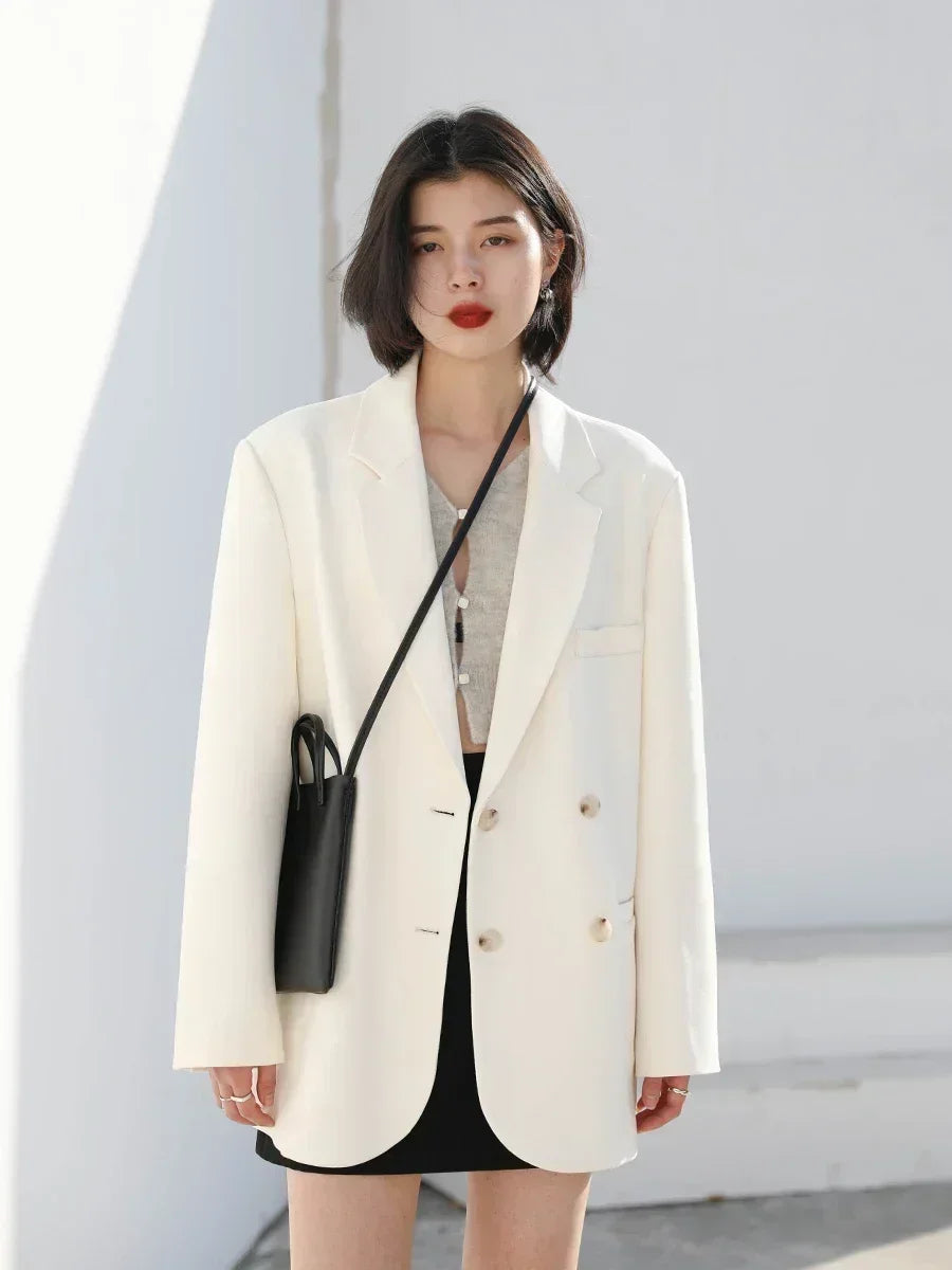 Women's Blazer Office Lady Long Sleeve Double-breasted Mid-length Casual Coat Ladies Outerwear Stylish Top