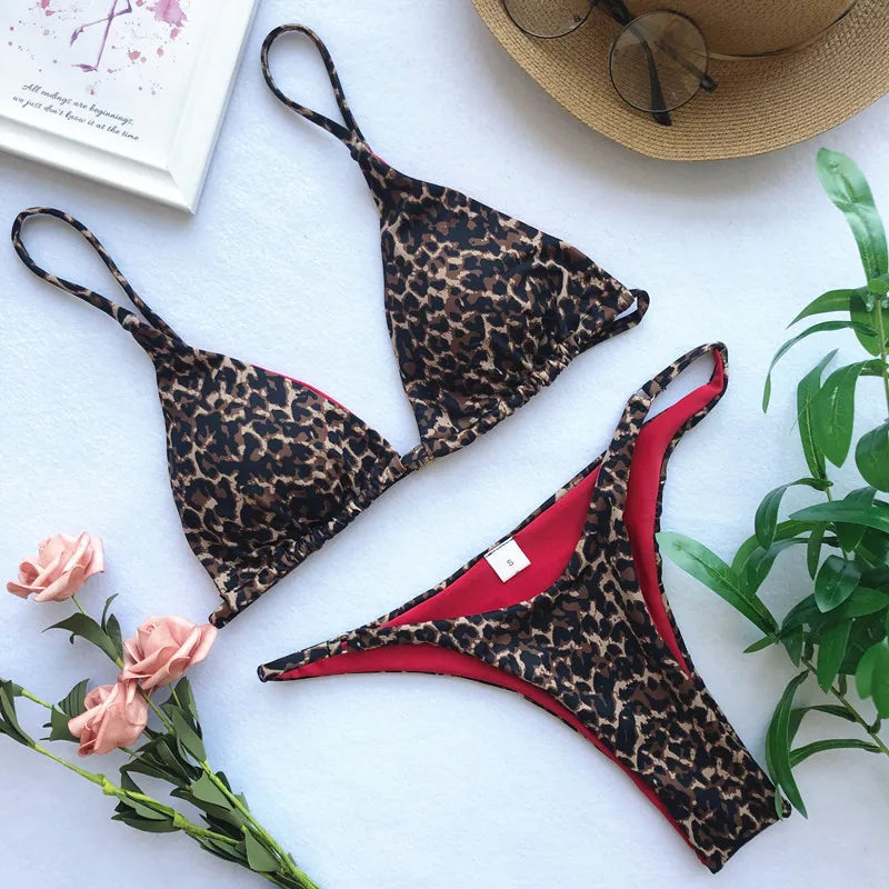 Micro Leopard Bikini Women High Cut Bandage Push Up Swimsuit Sexy Bathing Suit Padded Thong Swimwear,Summer Beach Vacation