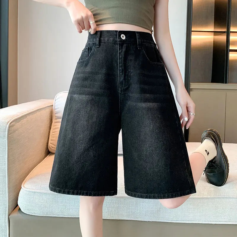 Women Black Y2k Style Baggy Denim Shorts Wide Leg Capri Pants Fashion High Waisted Dark Wash Jeans Female Casual Retro 2000s