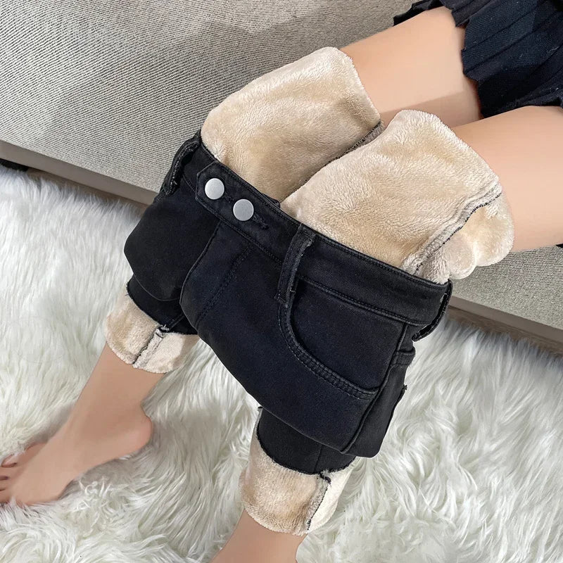 ZOENOVA Winter Thick Velvet Women Warm Hot Skinny Jeans Simple Fleece Warm Slim Fit Stretch Ladies Casual Denim Pencil Pants Y2K