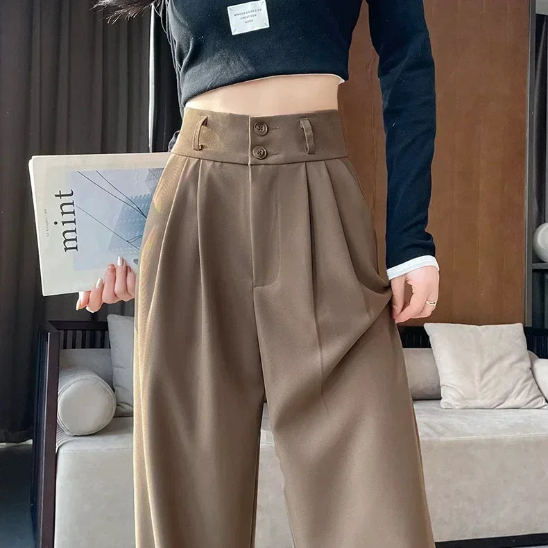 High Waist Suit Pants Women Straight Black Korean Office Ladies Trousers Fashion Button Loose Spring Female Streetwear