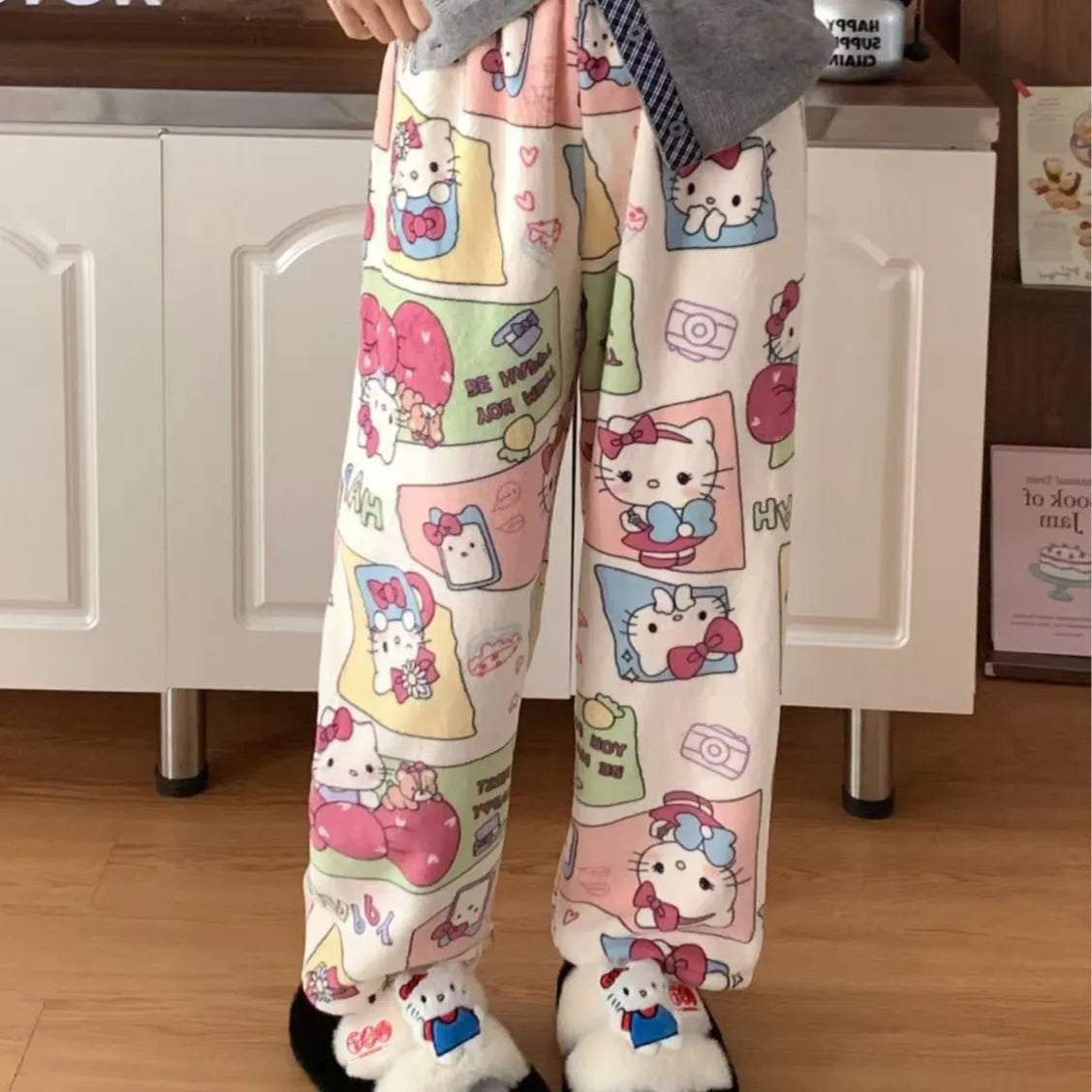 Sanrio Hello Kitty Pajamas Flannel Fashion Trousers Kawaii Women Casual Home Pants Cartoon Warm Comfortable Pants