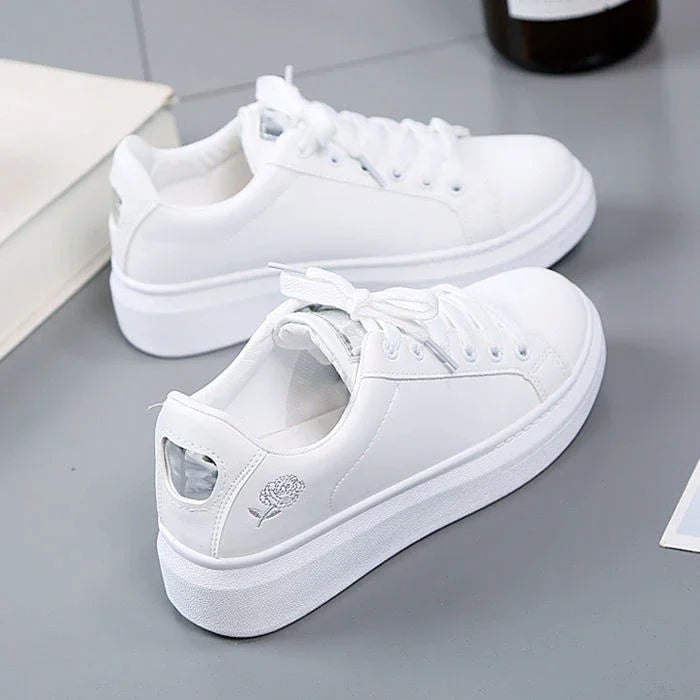Women Leather Pu Casual Shoes New Woman Shoes Fashion Embroidered White Sneakers Breathable Flower Lace-Up Women Sneakers