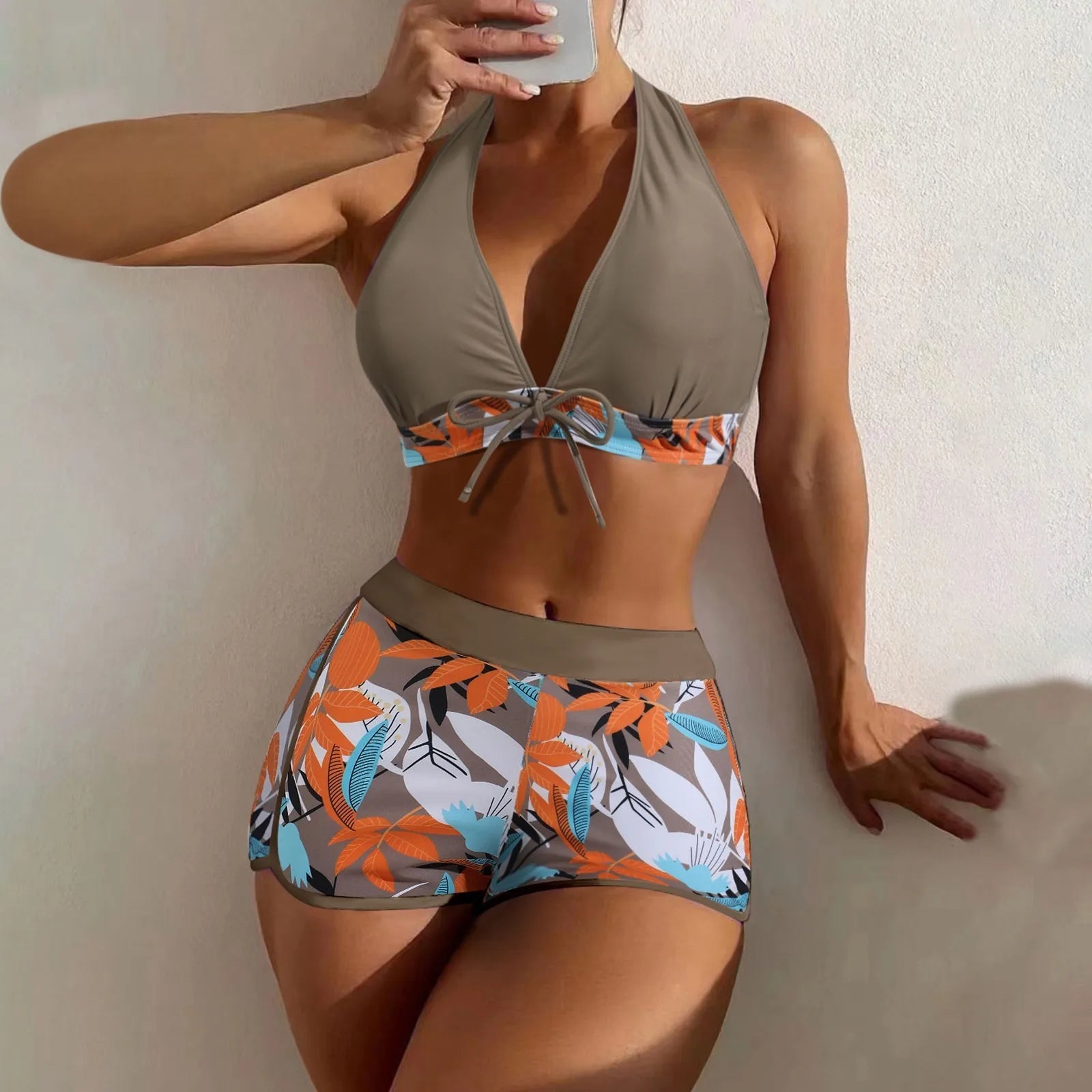 Women's Paneled Printed Swimsuit Ladies Fashion Sexy Split Boxer High Waist Swimsuit Two-Piece Set V-Neck Bathing Suits Female