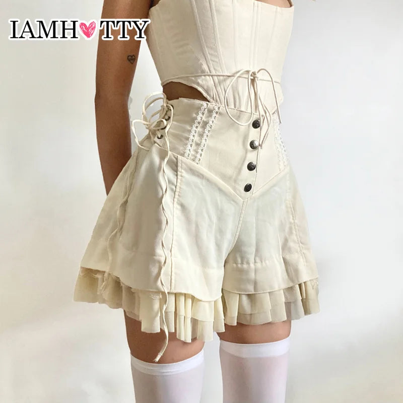 IAMHOTTY Sweet Mesh Tiered Ruffle Shorts Skirts Khaki Wide Form Side Bandage Cute Hot Pants Lolita Style Soft Girls Shorts Y2K