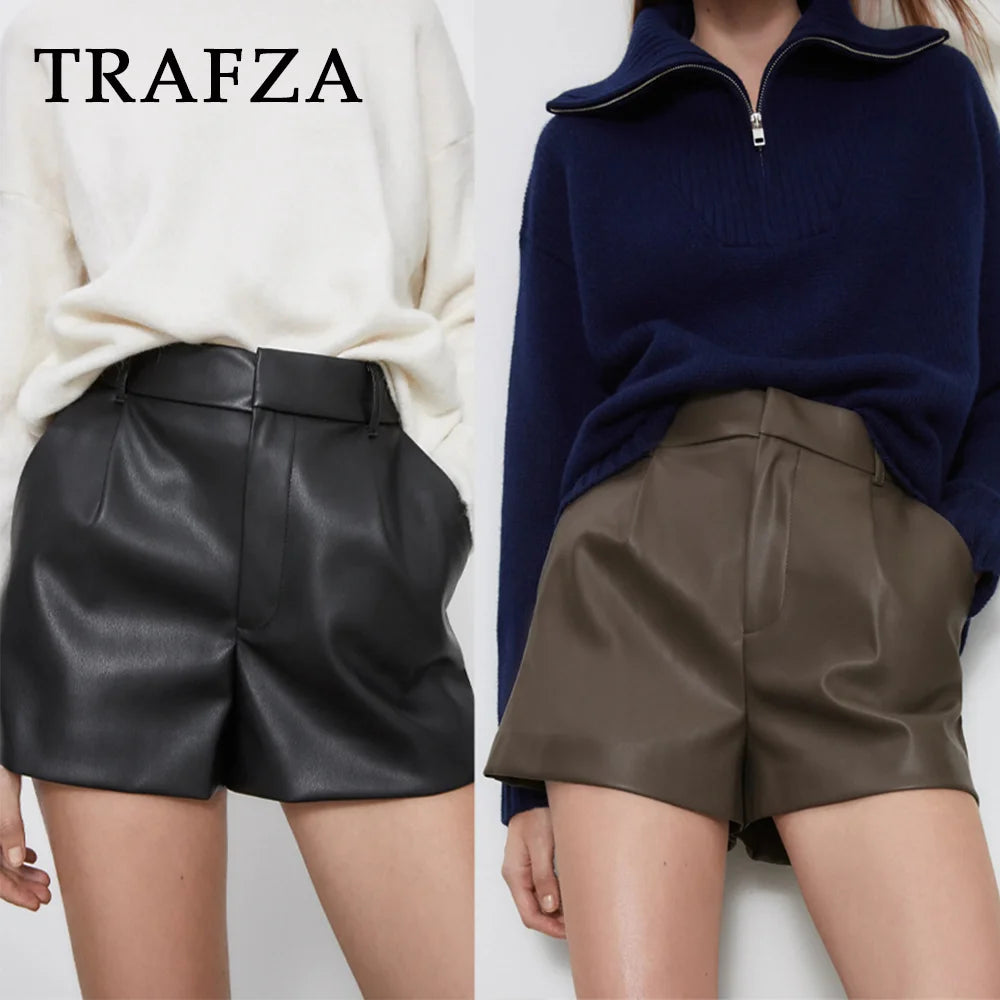TRAFZA Autumn Winter Fashion Women Shorts Vintage PU Leather Shorts High Waist Undefined Trousers Female Office Wear Shorts