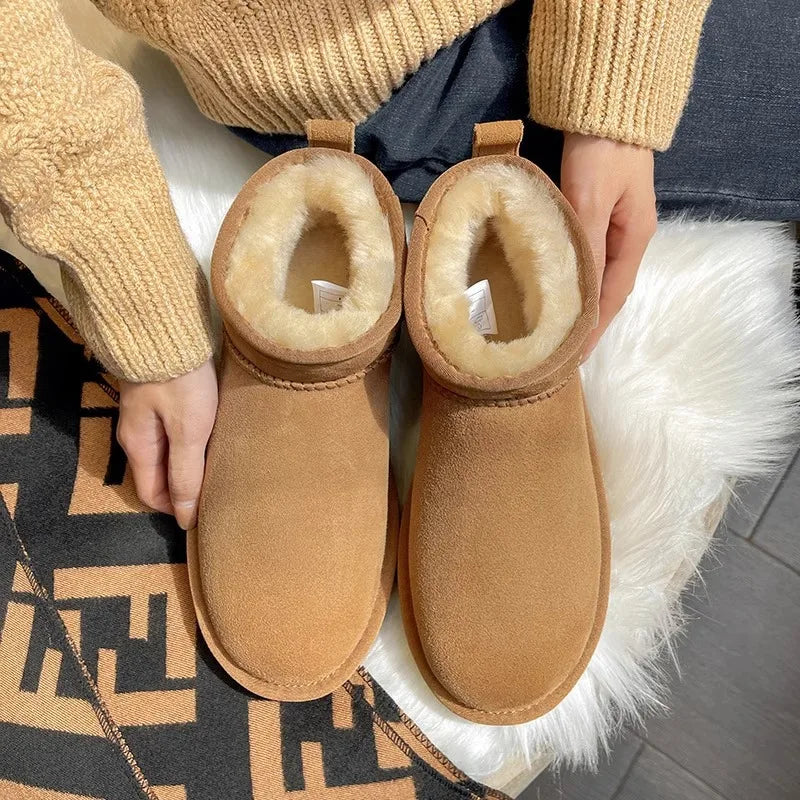 Winter Boots Fur Ladies Snow Boots Real Sheepskin Wool Low-cut Warm Fur Shoes Man and Women Winter Short Boots Super Mini