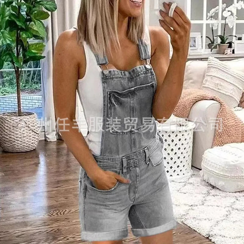 Women Rompers Jeans Jumpsuits One Piece Overalls Washing Denim Shorts Button Loose Casual Pockets Knee Length Summer