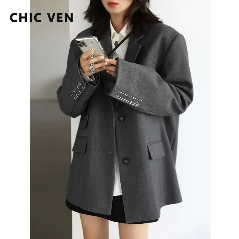 Women Office Lady Blazer Cuff Embroidery Wide Shoulder Twill Suit Women's Autumn Ladies Outerwear  Stylish Tops