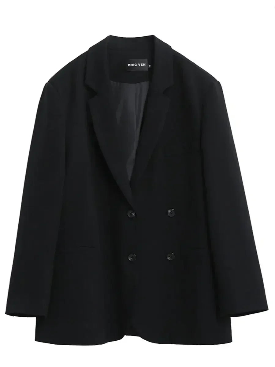Women's Blazer Office Lady Long Sleeve Double-breasted Mid-length Casual Coat Ladies Outerwear Stylish Top