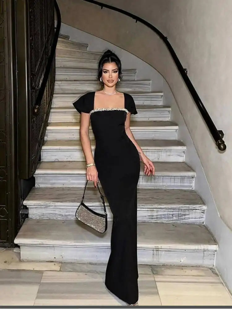 New Women's Short Sleevel Square Neck Diamonds Bandage Dress Floor Length Bodycon Fashion Celebrity Party Maxi Dress