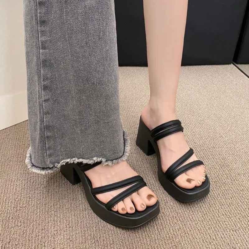 Women Sandals Ladies Square Heels Elegant Summer Slippers Outside Cross Tied Leather Female Slides Fashion Woman Sandals