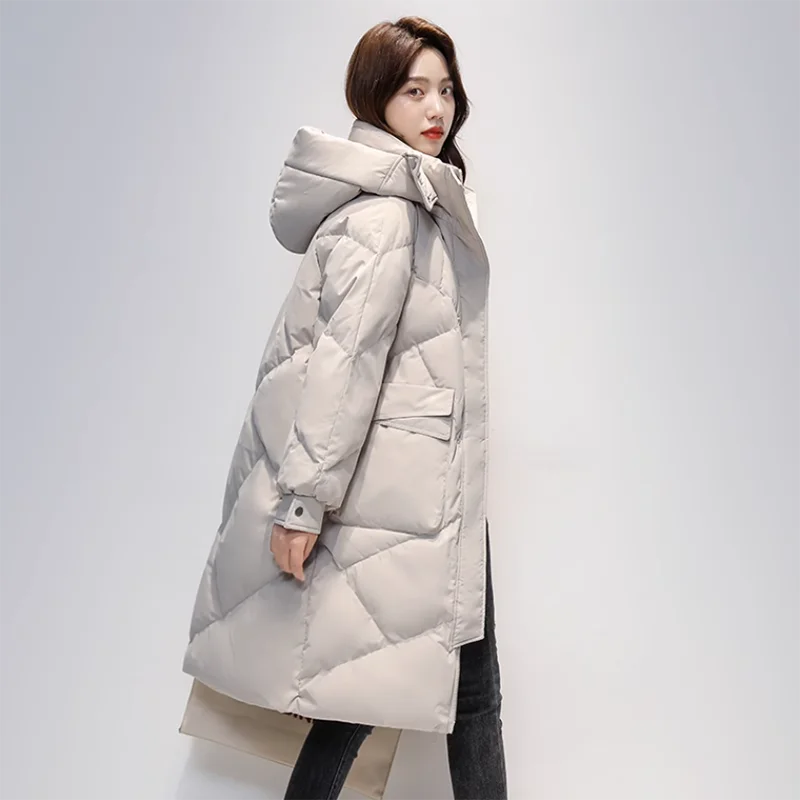 Women's Winter White Duck Down Coat Casual Down Coat Long Coat Women's Outdoor Clothing Loose Padded Hooded Warm Parka