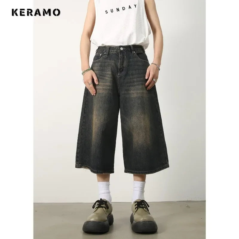 Women's Retro Wide Leg Baggy Casual Denim Shorts Harajuku Aesthetic High Waist Loose Shorts Summer Fashion Punk Shorts