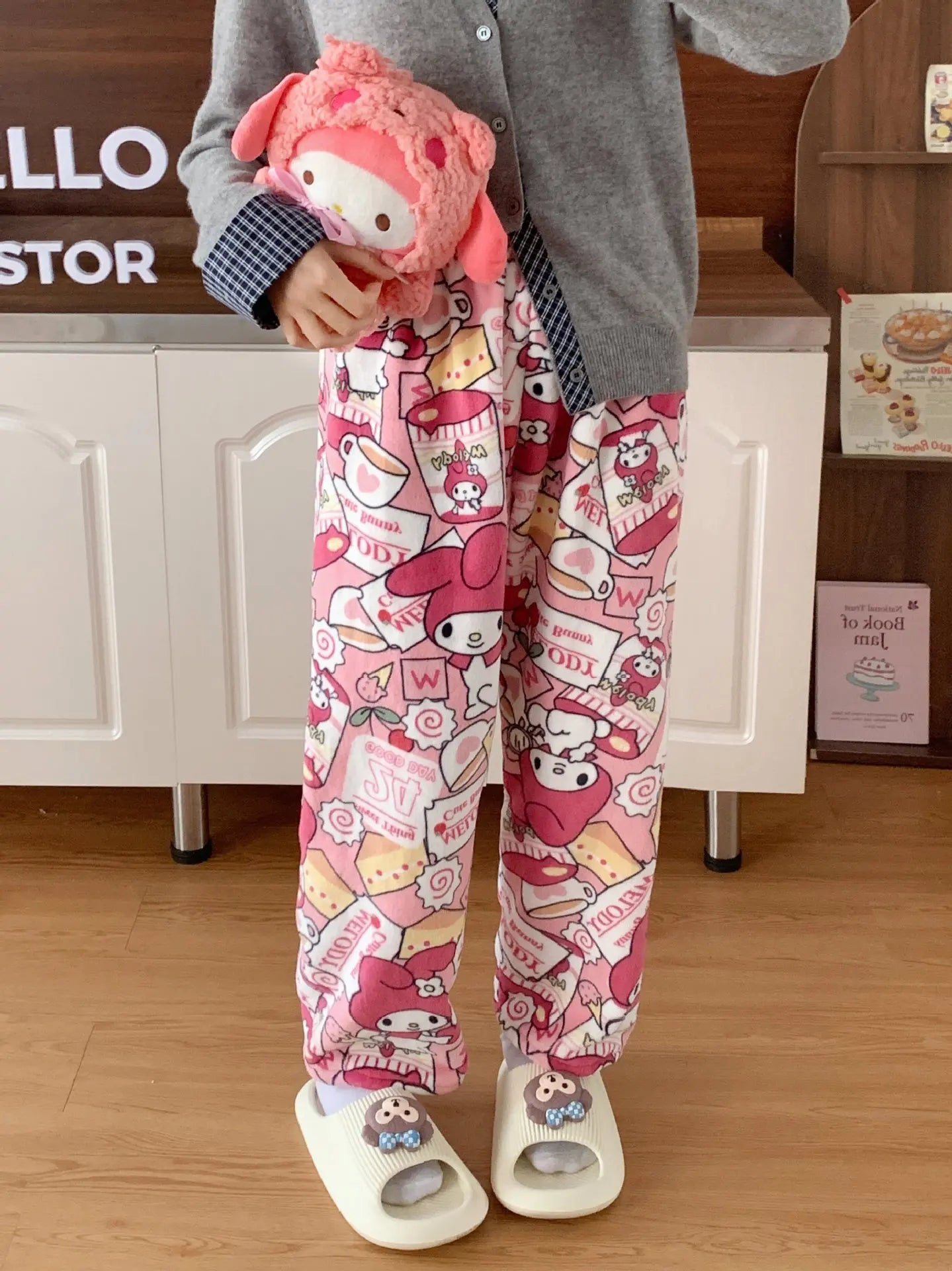 Sanrio Hello Kitty Pajamas Flannel Fashion Trousers Kawaii Women Casual Home Pants Cartoon Warm Comfortable Pants