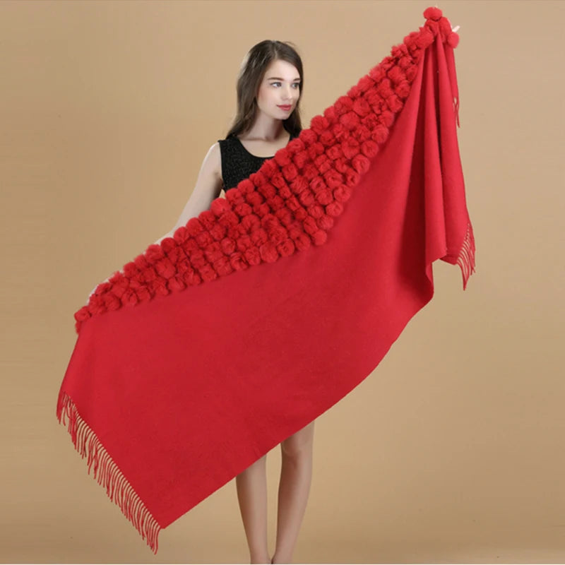 ZDFURS*Luxury Brand Scarf Women Winter Thick  Genuine Rabbit Fur Pompom Ball  Shawls and Women's Wool Cover Cashmere Pashmina