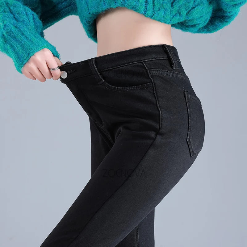 ZOENOVA Winter Thick Velvet Women Warm Hot Skinny Jeans Simple Fleece Warm Slim Fit Stretch Ladies Casual Denim Pencil Pants Y2K