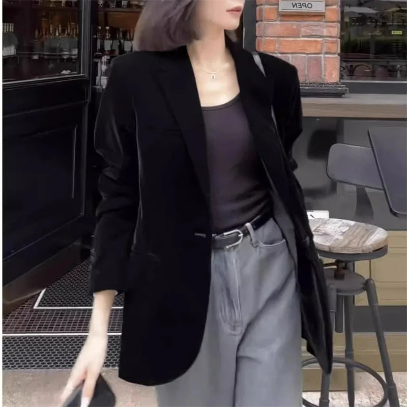 Autumn New Black Velvet Women's Blazer Fashion Long Sleeve Single Button Casual Loose Temperament Suit Top Female Outerwear